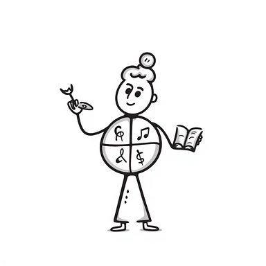 Hand-drawn metal man figure with a circular body divided into four segments, each containing symbols for different art forms: visual, musical, theatrical, and literary arts sticker