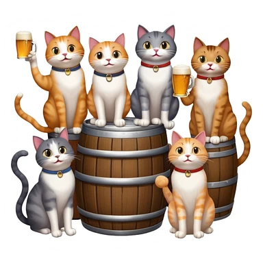 seven distinct cats standing around a beer keg, each cat drinking, all with goofy playful expressions sticker