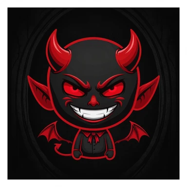 devil emoji, chibi style, gothic palette with black and red, small horns, mischievous grin sticker