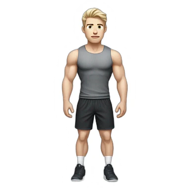 Confused Pale skinned Fit Man With the biceps and dark brown hair in black shirt, gray sports shorts and white Sneakers sticker