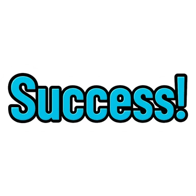 text 'Success!' in bold font, cyan blue color, lineal color icon with black outlines sticker