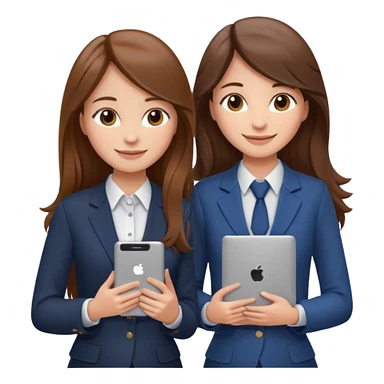 two brown haired girls, looking professional maybe leaned on each others back and looking forward and using phones, with long hair and one girl can hold lap top another one can hold the phone, professional clothes sticker