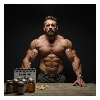 realistic muscular bodybuilder man with extremely dry and defined physique, serious expression, table with supplements and vials, calendar with 12 months behind, dimly lit gym background with dramatic lighting, face marked by fatigue sticker