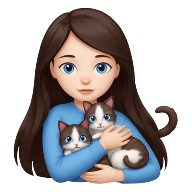 a pretty girl with long dark 
brown hair, with blue eyes, hugs 3 different natural coloured small cats sticker