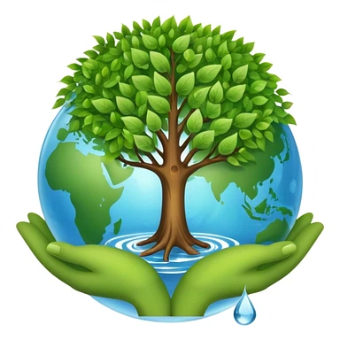 An icon featuring a tree, a recycling symbol, and a globe, representing ecology. The design includes green leaves, a water droplet, and wildlife, symbolizing the study of ecosystems, sustainability, and environmental protection. Transparent background. sticker