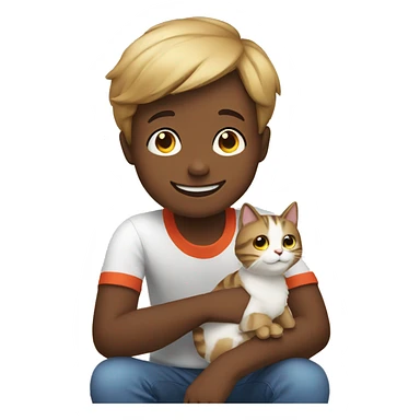 smiling boy sitting indoors with a cat sticker