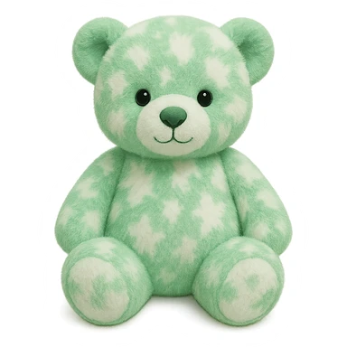 Change the teddy bear's fur to green and white, keep it soft and plush, no shadows, flat lighting, no background. The style should maintain the original look of the teddy bear in the image. sticker