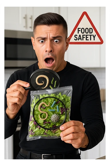 a man holds a bag of salad with both hands, his face frozen in shock as he looks at the contents. Inside the bag, exaggerated but realistic depictions of parasites and bacteria are visible, some highlighted with a magnifying glass overlay. The background is a clean kitchen, and a warning sign appears in the corner to reinforce the message about food safety. sticker
