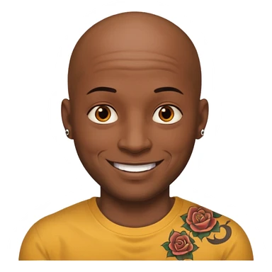 This is a cartoon-style avatar of a bald man with dark skin, golden-brown eyes, and several tattoos on his face, smiling with a friendly expression. sticker