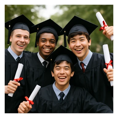 a group of happy 16-year-old young men celebrating graduation, wearing caps and gowns, smiling and joyful sticker