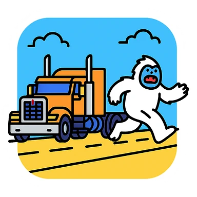 2026 Kenworth W680 flat top semi sleeper with stacks chasing an abominable snowman down the road, color outline style sticker