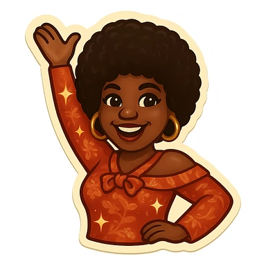 Create an emoji of a female African American in 1970s disco style with a pose with one arm raised, joyful expression, afro hairstyle, and a sparkling disco outfit inspired by the reference. sticker