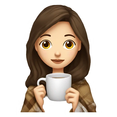 brunette white girl under plaided blanket with coffee cup sticker