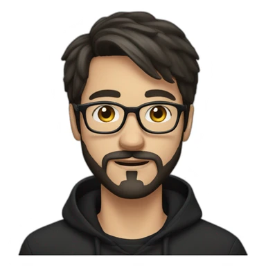 White young man, dark straight hair, moustache and beard, wearing a black hoodie, glasses sticker