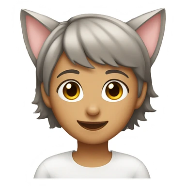 girl with short hair, brown eyes, smiling with cat ears sticker
