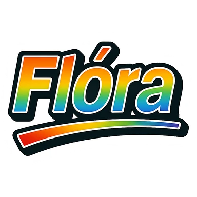 The name 'Flóra' in modern, precise Hungarian letters with a rainbow gradient fill, extra thick white outline, dark contour, transparent background, dynamic and slanted underline, in the style of the sample images. sticker