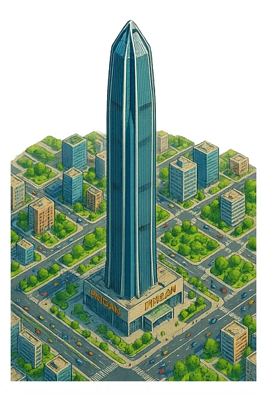 Изометричная, яркая, детализированная, объемная и фотореалистичная иллюстрация башни Ping An International Finance Centre. В стиле 3D-коллажей городов, насыщенные цвета, аккуратные и чёткие линии, мультяшно-реалистичная стилистика. Чёткие контуры, не размазанные линии, высокое качество, прозрачный фон, не обрезать края картинки sticker
