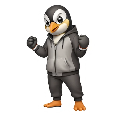friendly anthropomorphised penguin wearing a mafia-style tracksuit, secretive scheming pose, angry expression, stomping while walking, holding a knuckle duster sticker