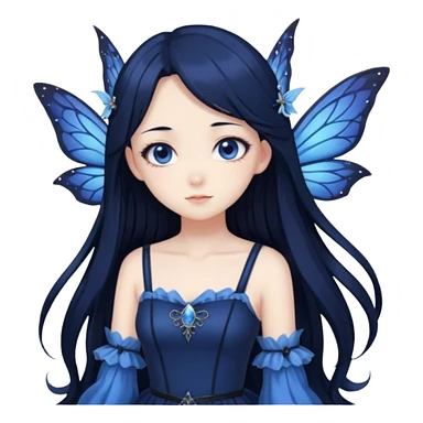 Gothic anime fairy with long beautiful black hair and dark blue dress, pastelcore, sticker