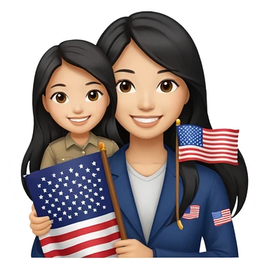 Asian woman smiling, black and long hair, holding an American flag sticker