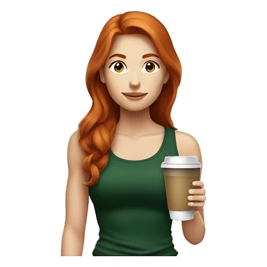 Redhead fitness girl in dark green top with coffee sticker