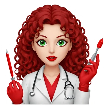 Lilith symbol sexy evil woman. She has green eyes.  had brown long curly hair.  evil surgeon kills with scalpel wears red sexy doctor coat with red mouth cover red gloves. Covers nose, neck  and mouth with red face berka sticker