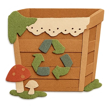 cottagecore empty recycling bin wooden basket with lace and moss, mushrooms at base, transparent background, no text, soft earthy tones, whimsical homey feel sticker