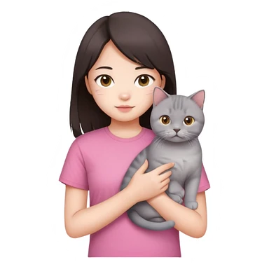 Chinese girl with dark brown half long hair wearing pink t shirt holding a British shorthair cat sticker