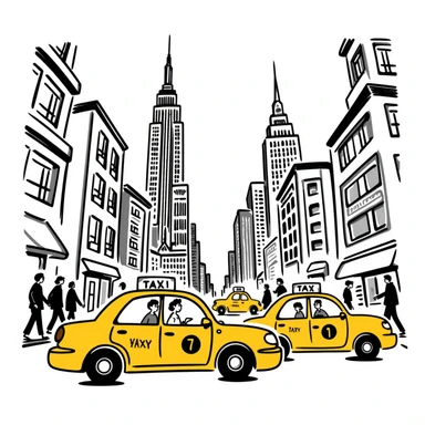 sketch of New York city, 1999, with cabs and tall buildings sticker