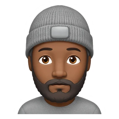 A dark-skinned, oval face shape with soft rounded chin. man with a gray beanie, brown eyes, and a dark gray beard, wearing a calm expression. sticker