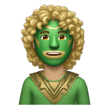 A man wearing a green wooden tribal mask with medium length blonde curly hair sticker