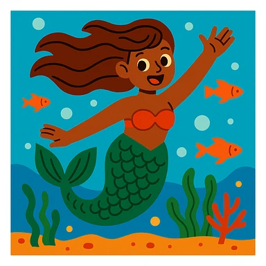 a mermaid with a forest green tail and chestnut brown hair, vibrant cartoon style, colorful, lively sticker