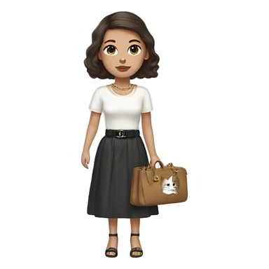 Brunette aisan girl with a blowout hairstyle, has pale skin, with birkin bag Chanel necklace carrying a cat sticker