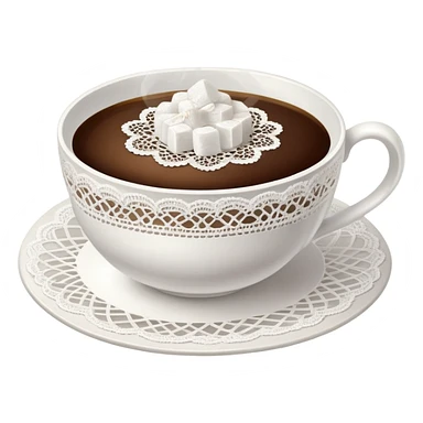 A cup of hot coffee with light steam, in a delicate porcelain cup with lace doily underneath, sugar cubes on the side. sticker