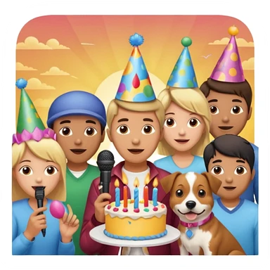 celebration birthday with a dog and watching sunset with many peoples with a birthday cake and mike a wish man peoples at home sticker