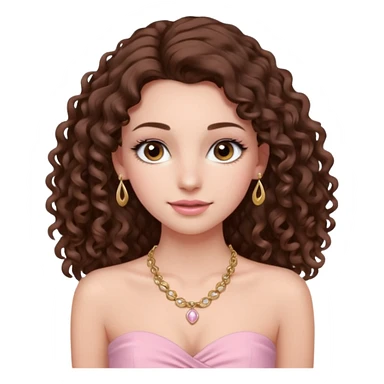 crée moi une jeune fille très belle avec les cheveux bouclés long brune avec un top  sans manche ni brettelles juste un 'bandeau' de couleur rose clair avec un peu de maquillage et des beauxcils un collier en or sticker