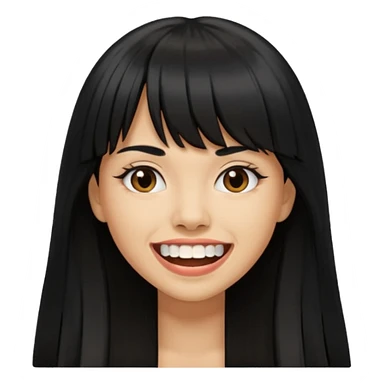 Woman a little tan with long black hairs and bangs, appearing teeth sticker