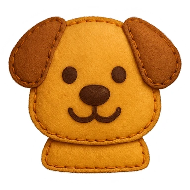 <StylePrompt>
  <Name>Felt Appliqué Plush Style</Name>
  <Description>A soft, handcrafted look inspired by plush felt fabric with visible stitching and a padded 3D texture, rendered on a solid black background.</Description>
  <VisualProperties>
    <Material>Felt</Material>
    <Texture>Soft, fuzzy, with slight fiber detail</Texture>
    <Stitching>
      <Type>Thick thread</Type>
      <Color>Orange or slightly darker tone than fabric</Color>
      <Pattern>Uniform running stitch along outer edge</Pattern>
    </Stitching>
    <Padding>High, plush-like 3D depth</Padding>
    <Edges>Rounded corners</Edges>
    <ColorPalette>
      <Primary>Warm yellow/orange tones</Primary>
      <Accent>Brown or dark orange for facial features and outline</Accent>
      <Background>Black</Background>
    </ColorPalette>
  </VisualProperties>
  <Rendering>
    <Lighting>Soft, even studio lighting</Lighting>
    <Shadows>Subtle drop shadows for depth</Shadows>
    <Perspective>Flat front-facing, symmetrical if applicable</Perspective>
  </Rendering>
  <Applicability>
    <SubjectType>Any object, animal, or letterform</SubjectType>
    <OutputFormat>Icon, emoji, patch-style graphic</OutputFormat>
  </Applicability>
</StylePrompt>

{subject} = dog sticker