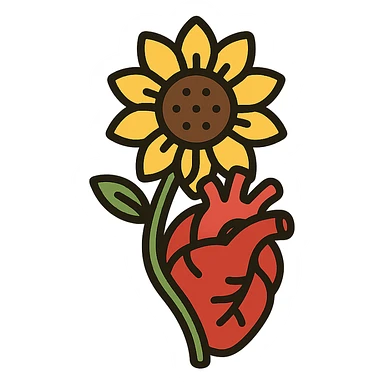 a stylized sunflower entwined with a human heart, bold colors, graphic style sticker