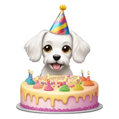 White male small dog wearing birthday hat with a cake  sticker