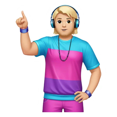 blond big man in colorful dj outfit pointing sideways sticker