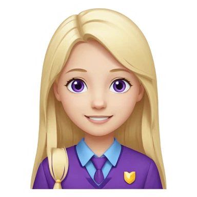A pale girl with light blue eyes and long and blonde straight hair , smiling wearing a purple school uniform  sticker