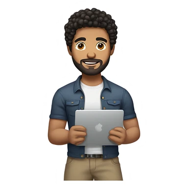 men holding his computer in hands. light brown skin men with curly black hair, dark brown eyes, little grown beard. little bit muscular. dressed casual. round face. sticker