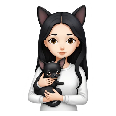 Fair skin girl - long black hair - white clothes - hugging a black chihuahua sticker