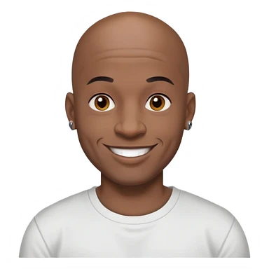 bald black man with bold full face tattoos, happy face, wearing a t-shirt sticker