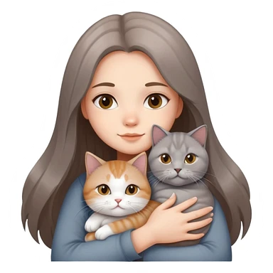 A long-haired girl hugs a British shorthair cat with a brown and white gradient sticker