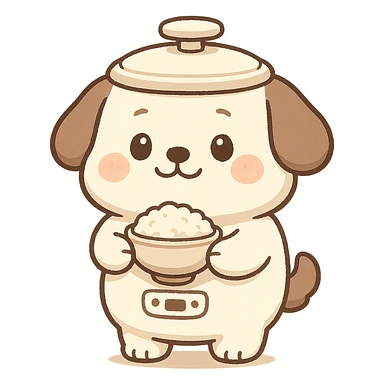 cute chibi rice cooker dog, round belly, holding a rice bowl, soft cream and brown tones, full-body sticker