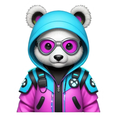 cute cyberpunk panda, neon hoodie, cyber goggles, glowing patterns, futuristic armor details, 3D cartoon, mobile game icon style, clean background, no text, no watermark
 sticker