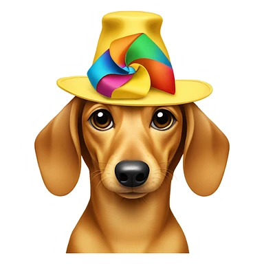 Yellow dachshund in multi color hat with pinwheel sticker