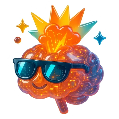 Make the brain look more artificial intelligence inspired, with digital circuit patterns, glowing elements, and a futuristic AI vibe, keep the sunglasses and the top exploding. sticker